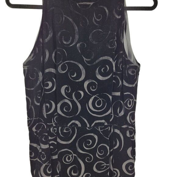Vintage 80s Black Burnout Velvet Gown 10 Sleeveless Open Back Chocker Midi Swirl - Picture 4 of 15
